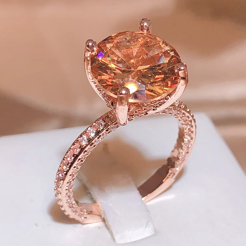 New Round Orange Zircon Rose Gold Ring Female 925 Stamp Fashion Romantic Proposal Party Jewelry Gift Couple