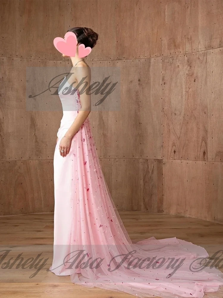 A2325 고품질 핑크 여성 이브닝 드레스 트레인 Strapless 새틴 Tulle 인어 웨딩 파티 공식 행사 맞춤형