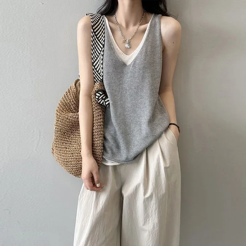 Women Clothing Summer Casual Korean Fashion Color Blocking O-neck Female All-match Fashionable Ice Shreds Fake Two Pieces Tops