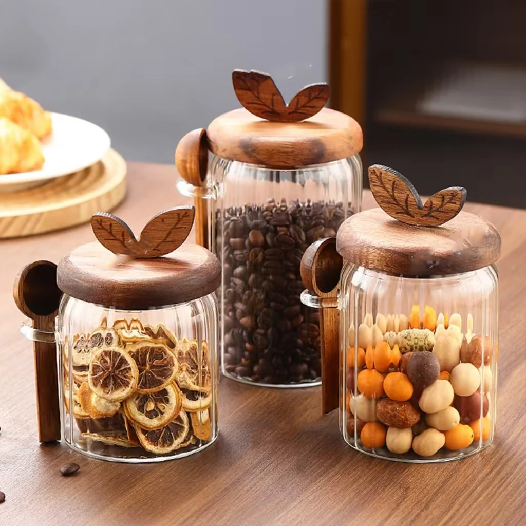 Striped Glass Storage Jar with Spoon Round Glass Snack Box, Seasoning Bottle Kitchen Supplies Home Decoration Storage Box