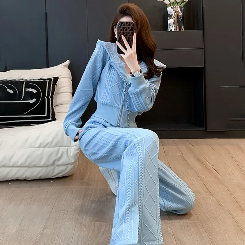 

Spring Autumn Winter Fried Street Knitted Sweater Suit Women's Sense Slimming Twist Hooded Jacket Wide-Leg Pants Two-Piece Set