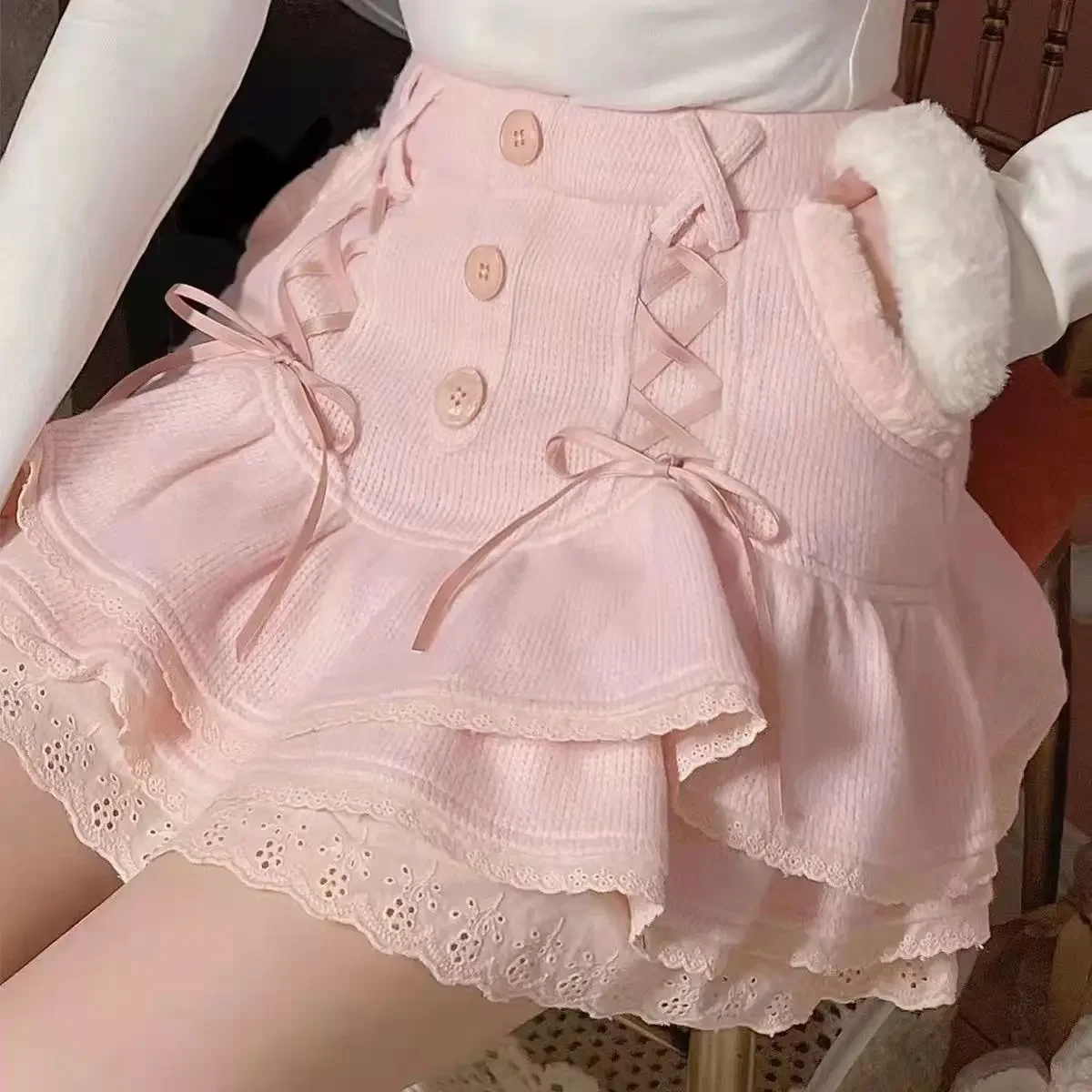 

Japanese Lolita Cute Y2k Skirt Spring Plush Tied Bow Knitted Cake Skirt Slim Waist Lace Ruffle Edge Sweet Girl Mini Skirt