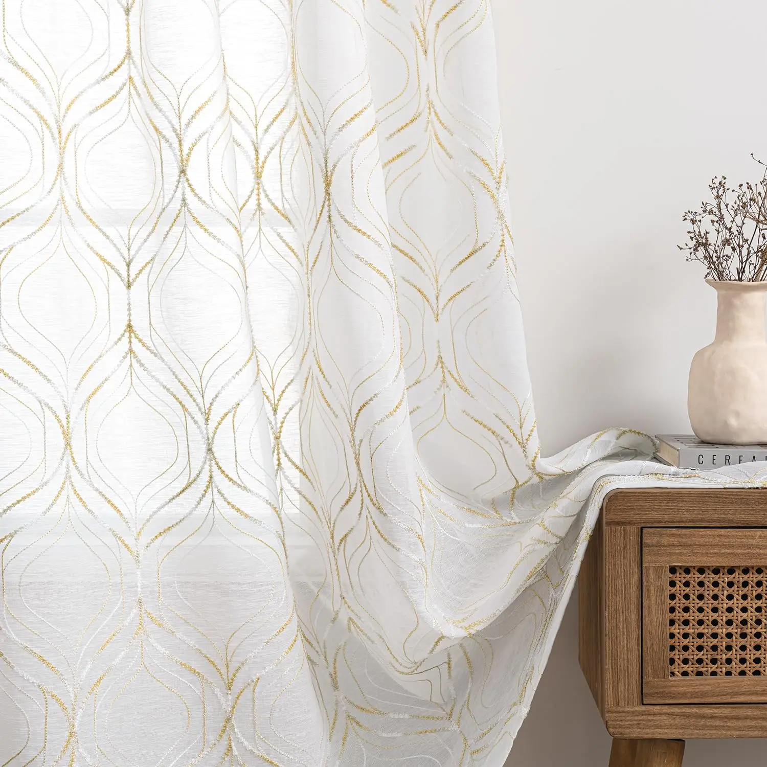 Wandgordijnen Geborduurd Diamant Design Set 2 Art 140x225 cm Wit-Woonkamergordijnen Grasher Raamdecoratie Slaapkamer Transparant Modern Huistextiel Geborduurde Gordijnen Keukengordijnen