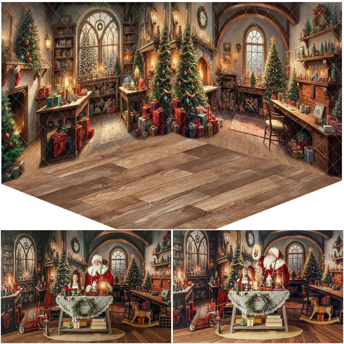 

Christmas Background Winter Cabin Wrapping Room Photography Backdrop Santa Fireplace Xmas Tree Gift Decor Kid Photo Studio Props