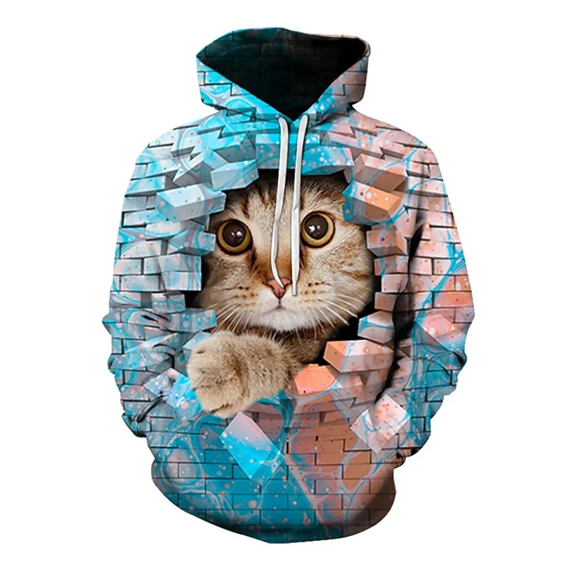 Wall Brick Cute Cat Pattern Hoodies For Men Women Funny Animal 3D Printed Sweatshirt Casual Hooded Pullovers Tops Long Sleeves