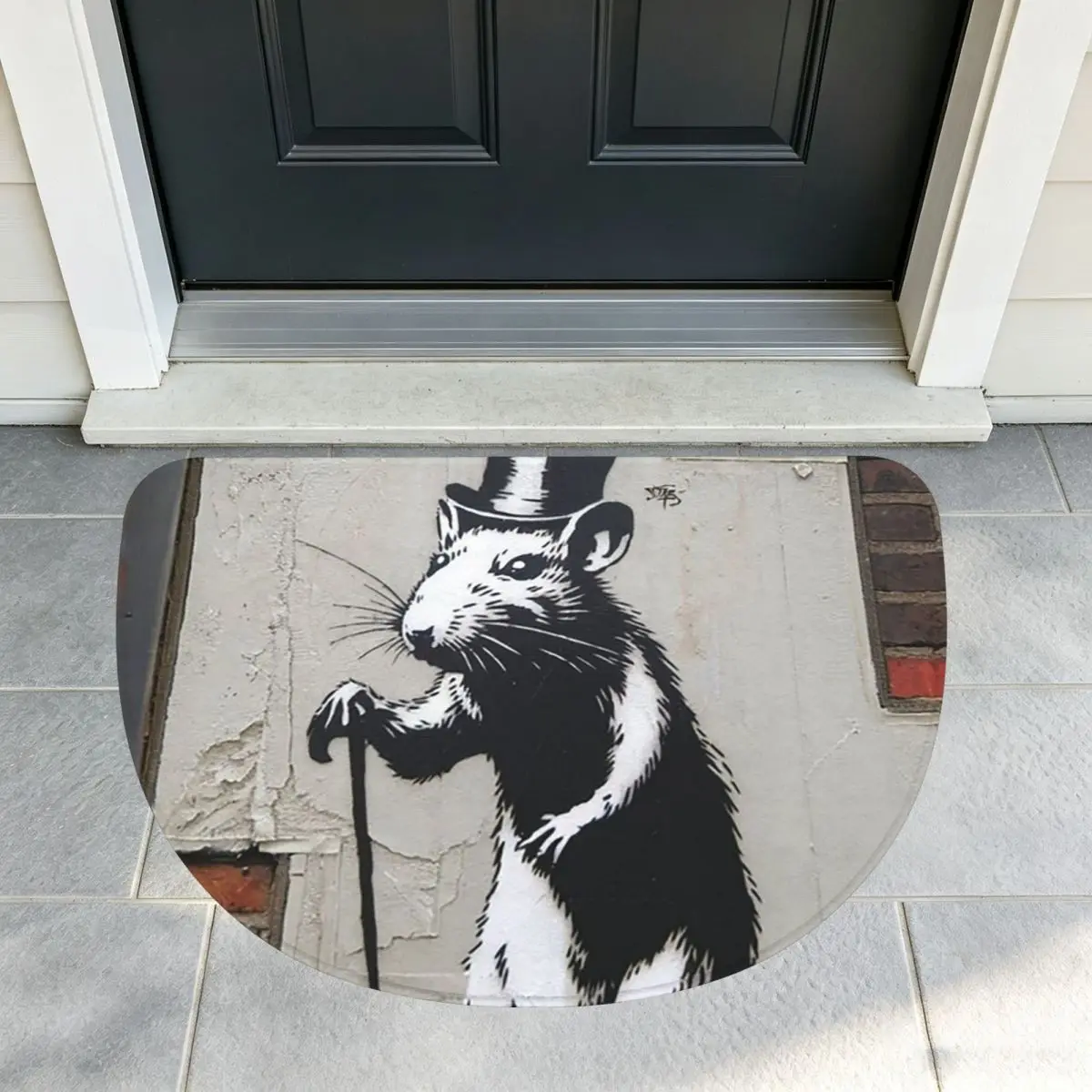 Banksy Rat Street Art Soft Flannel Half Round Doormat Non Slip Bathroom Mat Absorbent Floor Carpet for Garage