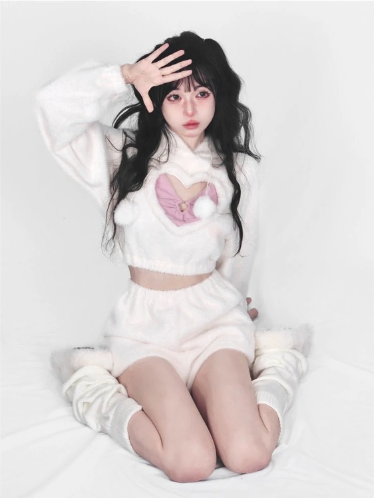 

Cute Fur Hollowed Out Heart Long Sleeve Hooded Sweatshirt+ Y2k High Waist All-match Skirts Spring Autumn New Two Piece Sets