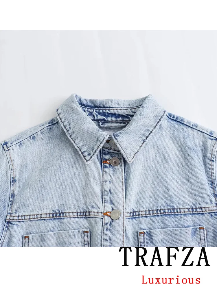 TRAFZA Vintage Casual Denim Women Dress Solid Long Sleeve Single Breasted Turn-down Collar Short New Vestidos Fashion 2024 Dress