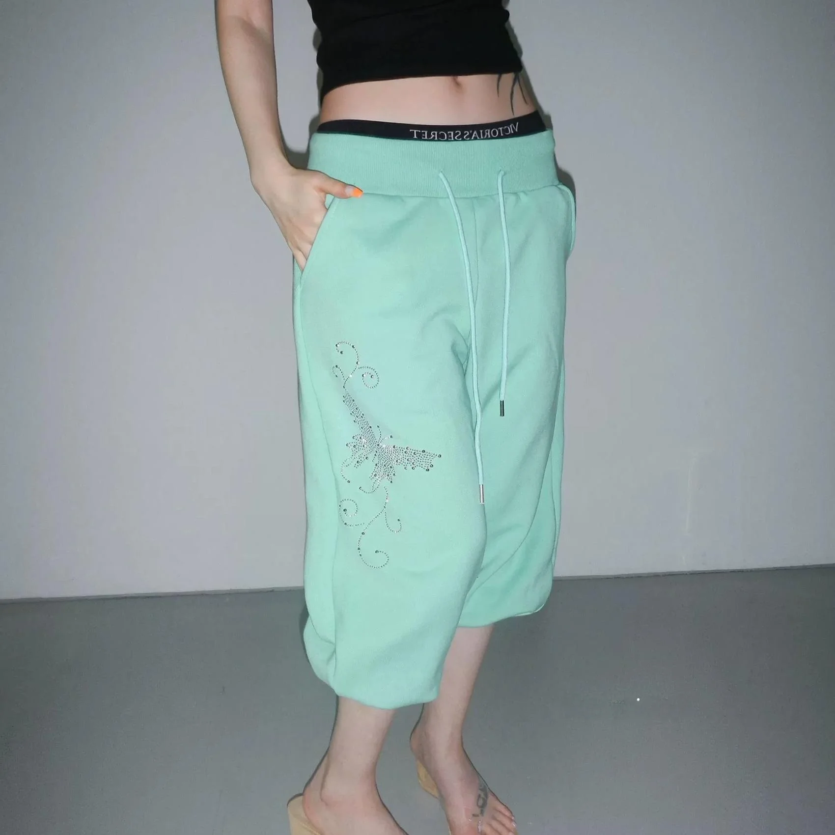 Korean Style  Rhinestone Slimming Drawstring Casual Cuffed Sweatpants Seven-Foot Women's Loose Comfortable Pants