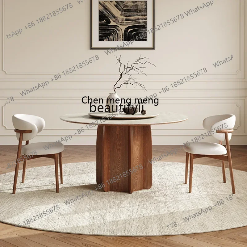 182QFrench Style Stone Plate Dining Table round Band Turntable Home Walnut Color Retro Modern Simple Designer Solid Wood Round