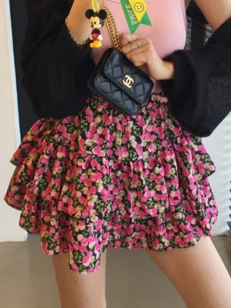 

Chic Summer Anti-Light High Waist Elastic Floral Cake Skirt Korean Sle A-Line Skirt for Young Women
