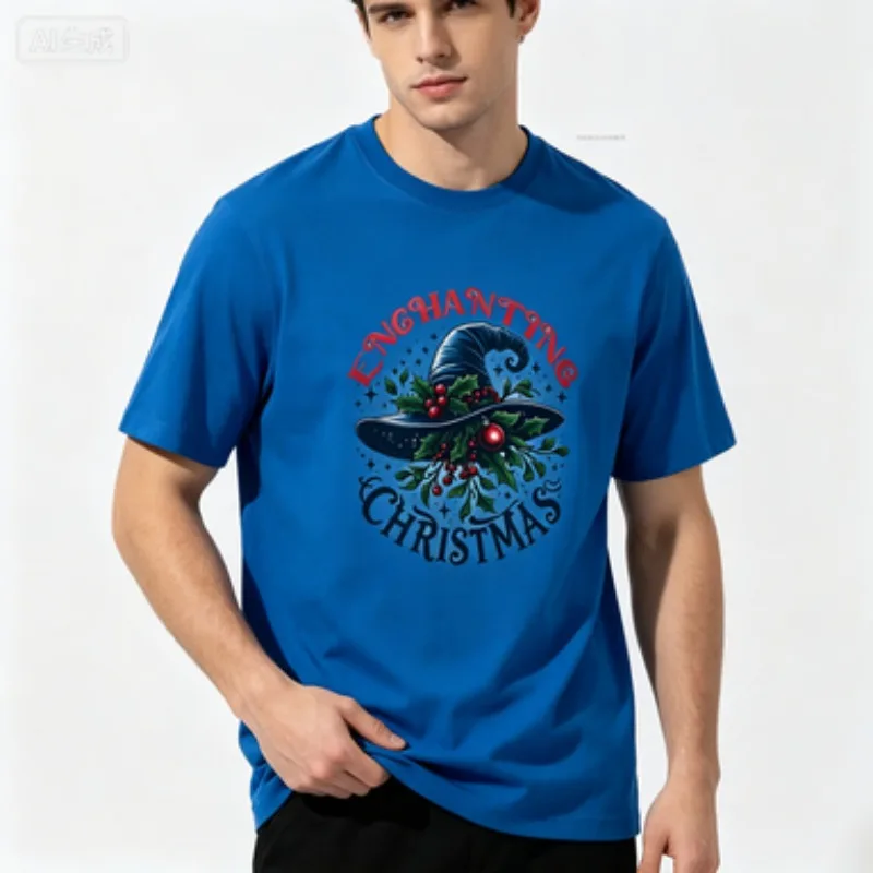 Men T‑shirt, Enchanting Christmas Witch Hat Berry Graphic Print Short Sleeve Tee, Casual Holiday Streetwear Tops For Male