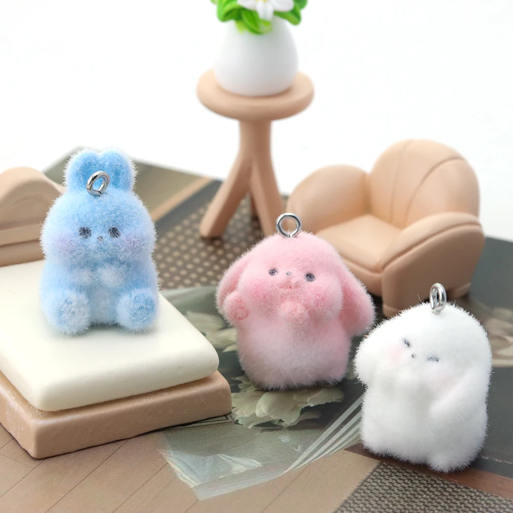 20Pcs Resin Long-eared Rabbit Charms Flocking Cartoon Plush Dolls Pendant for Keychain Earrings Making DIY Jewelry Accessories