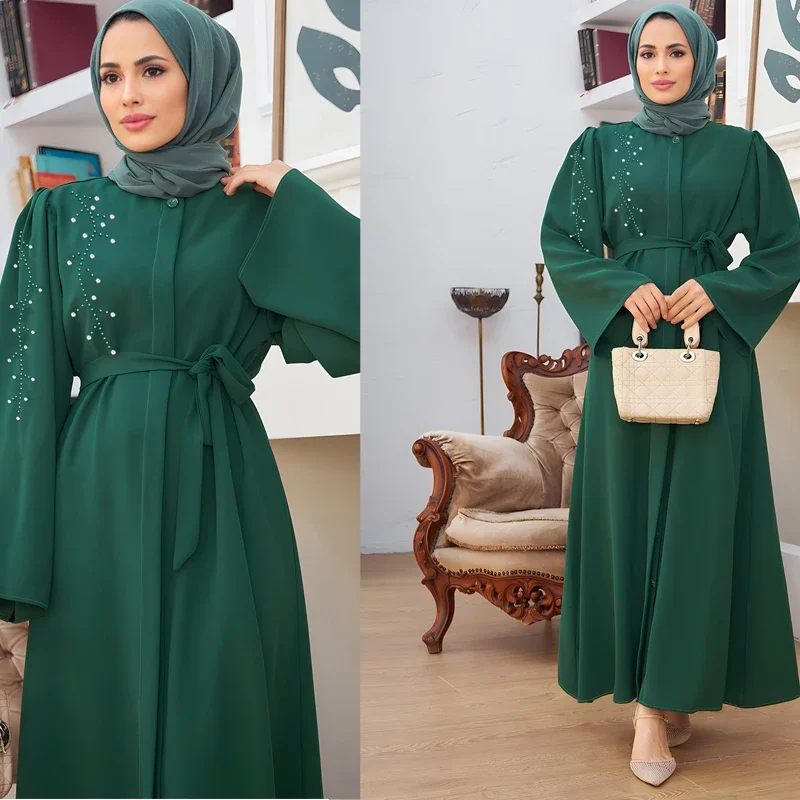 วินเทจแขนยาวมุสลิมดูไบตุรกี Abaya Hijab ผู้หญิง Maxi ยาวชุดลําลองปุ่ม Eid Mubarek Ramadan Sundress