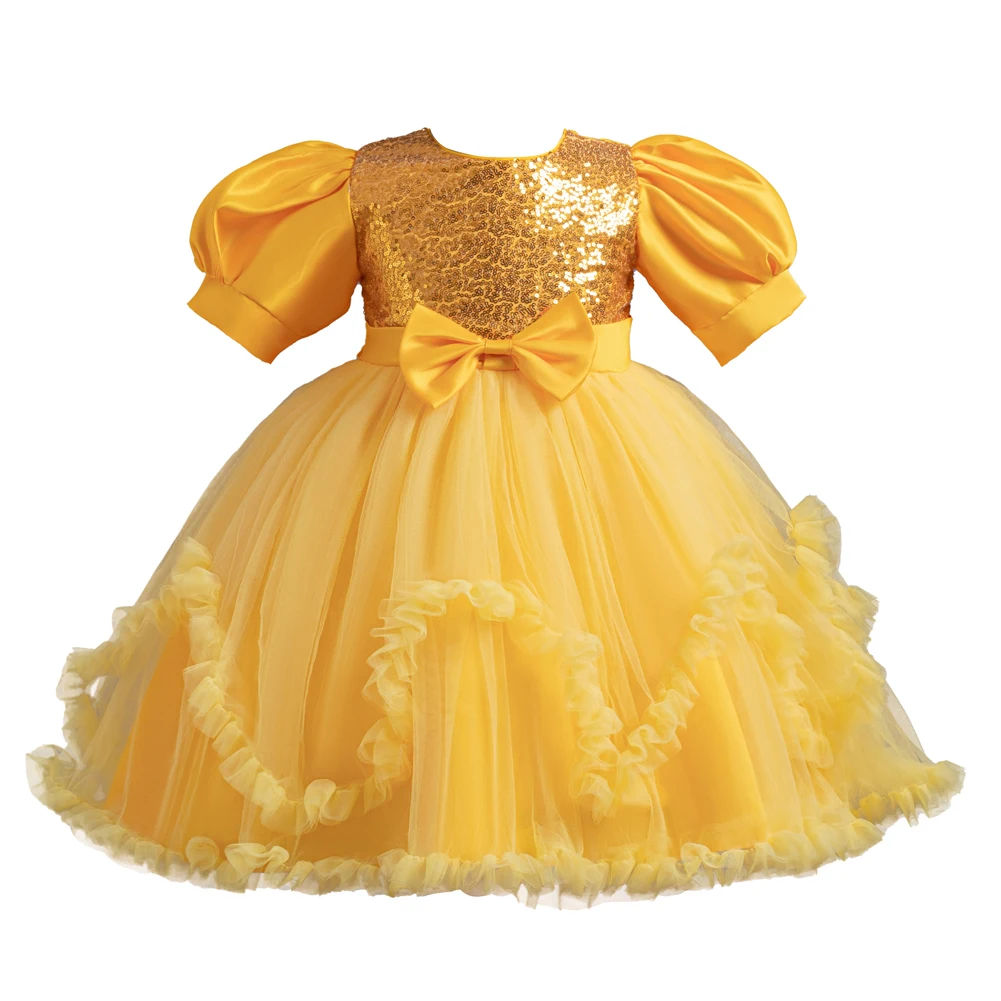 Yellow Bubble Sleeves Girl Princess Dress Sparkling Sequins Children\'s Birthday For 2 to 10 Years Ball Dress Party Wear