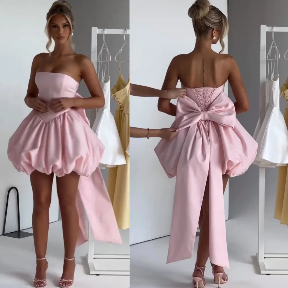 

Customized Exquisite Jersey Pleat Bow A-line Strapless Mini Dresses Bespoke Occasion Sizes Available Matching