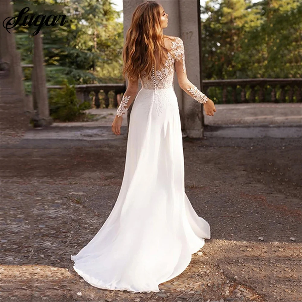 Chiffon Lace Appliques Boho Wedding Dresses For Women Vestidos De Noiva Mariage Plus Size Illusion Backless Bridal Party Gowns