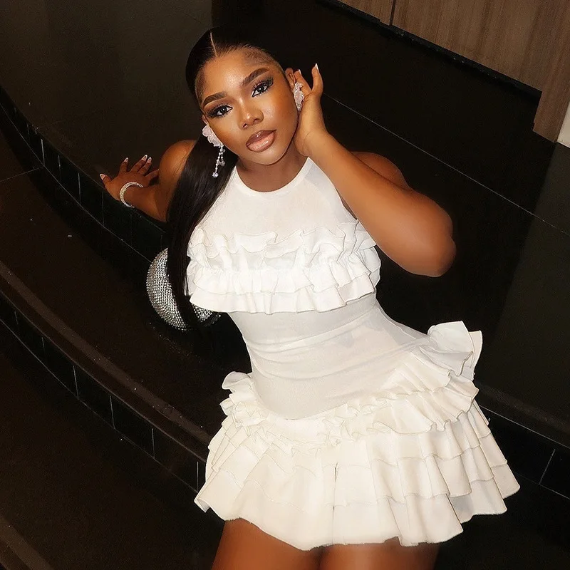 Mini abito da torta solido con volant a cascata patchwork in rete trasparente Moda donna Sexy O-collo senza maniche aderente Festa di compleanno Clubwear