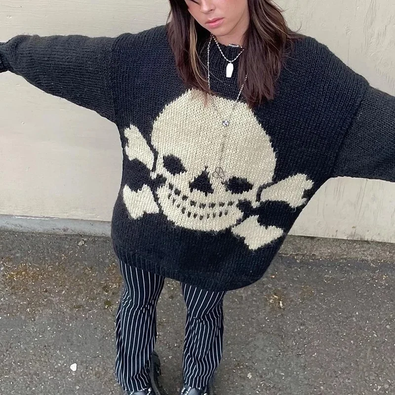 

European and American autumn and winter skeleton pattern pullover sweater casual street style loose round neck sweater
