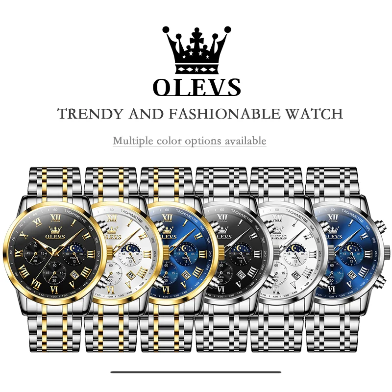 OLEVS Men\'s Watches Original Fashion Roman Numeral Dial Quartz Wristwatch Waterproof Luminous Moon Phase Date Chronograph New