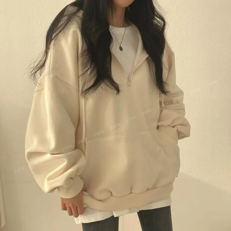 Spring Autumn New Thin Loose Solid Simplicity Casual Hoodies Sweatshirts Hooded High Street Tops Trend Fashion Women Clothing