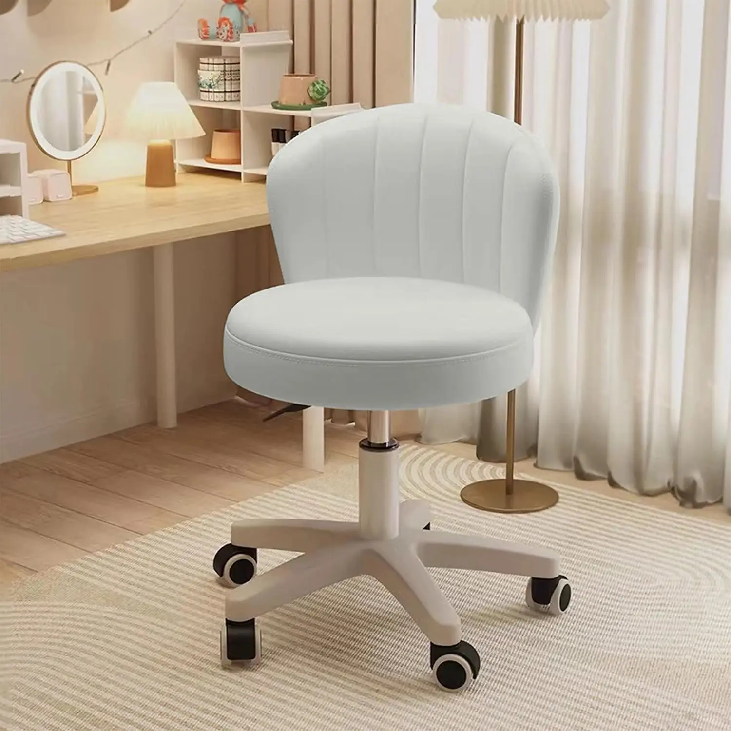 Small Desk Chair Round Rolling Chair with Back PU Leather Height Adjustable Swivel Vanity Work Computer Stool Chair for Home
