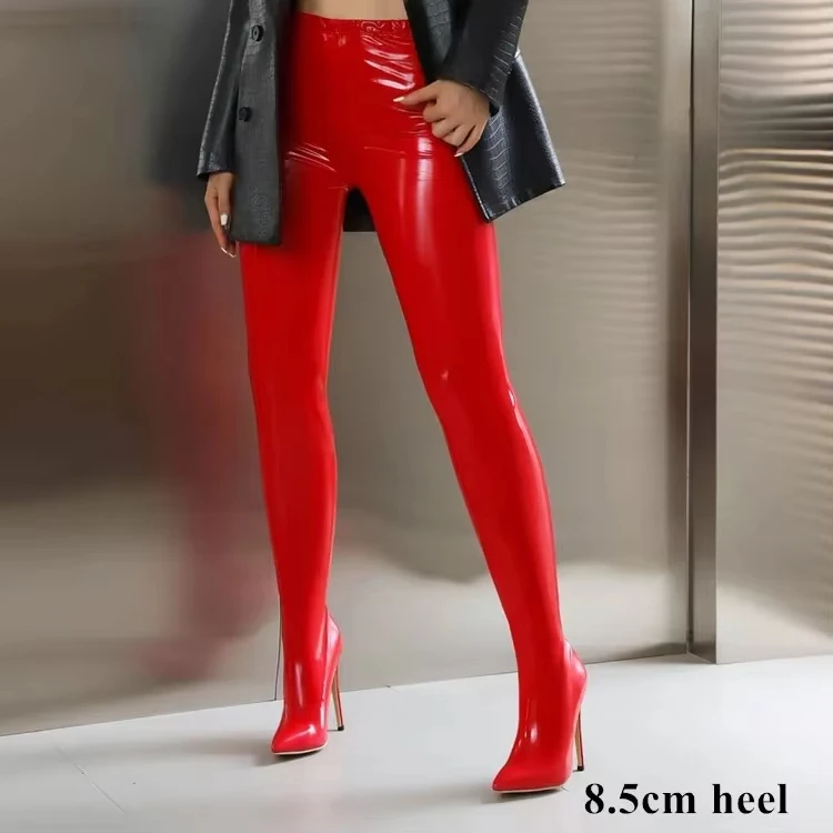 Sgesvier Sexy Stiletto Bright Patent Leather Trousers Boots Shoes Thin High Heels Black White Red Stretch Boots Pants Shoes