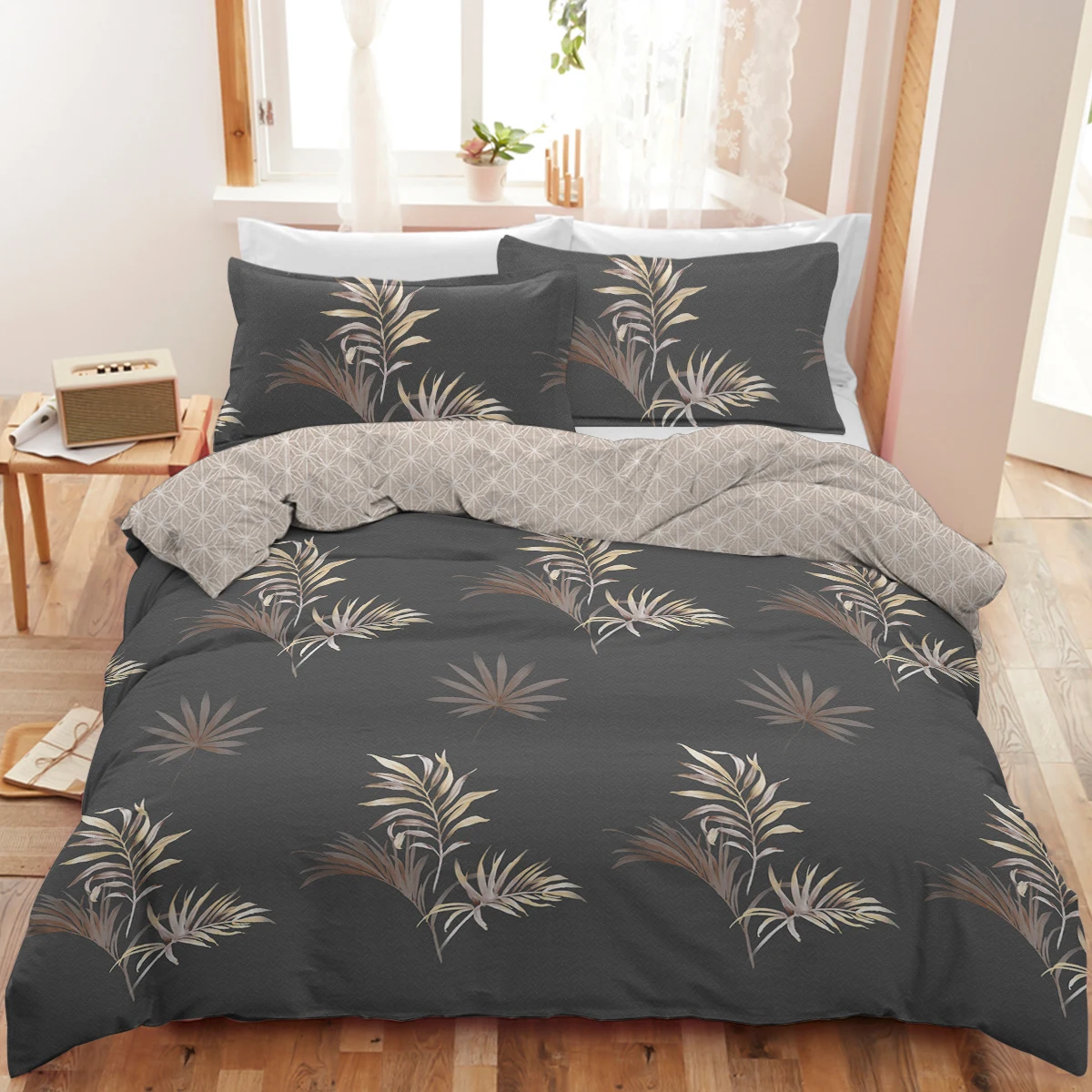 BeddingOutlet Grey Autumn Leaves Duvet Cover Botanical Branches Comforter Cover With 2 Pillow Shams Autumn Leaves Bedding Set