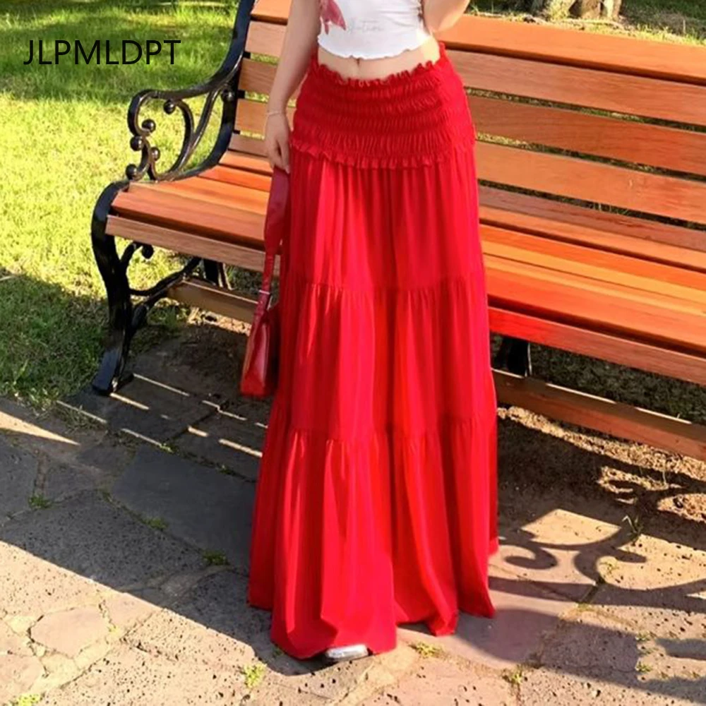 

Tall red elastic waist skirt women's 2025 summer new A-shaped design temperament versatile long skirt