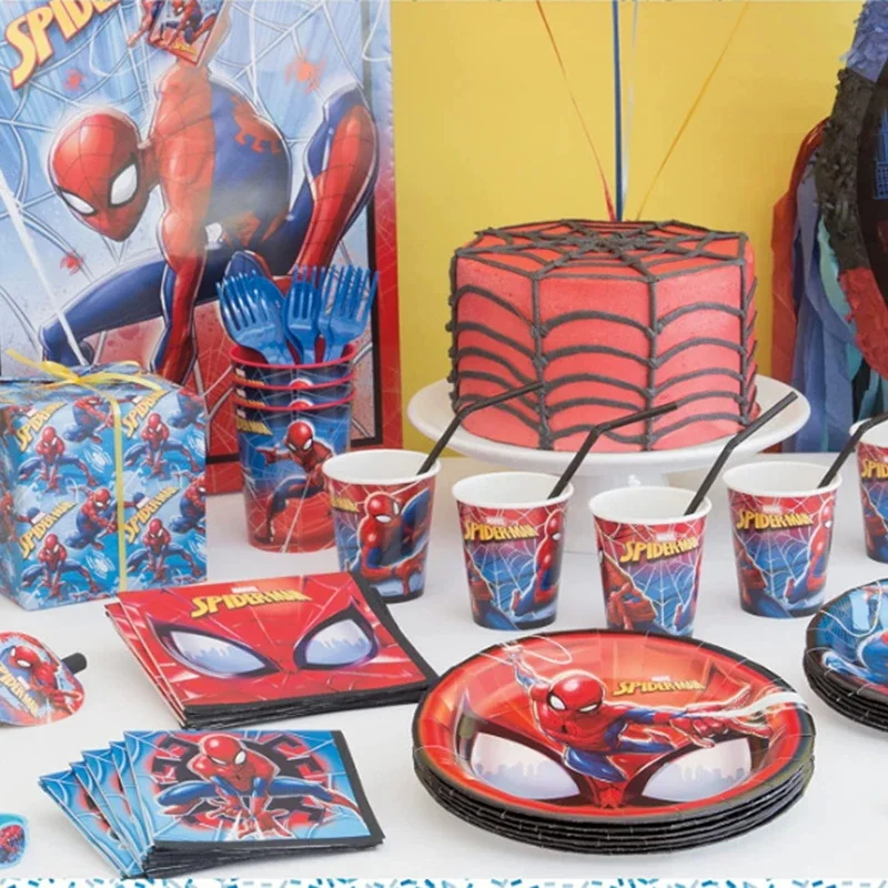 スパイダーマンの誕生日パーティーの装飾、赤い紙ナプキン、プレート、カップ、ギフトバッグ、子供用風船、幸せな装飾用品