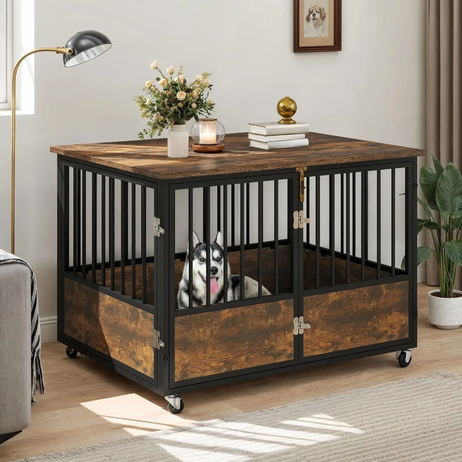 Indoor Use, Wooden, Rustic Brown Dog Crate Furniture with Wheels - Chew-Resistant, Double-Doors