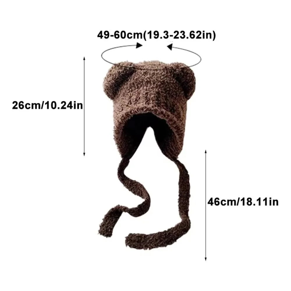Fashion Y2k Bear Ear Wool Hat Ear Protection With Rope Beanies Cap Warm Lace up Knitted Bomber Cap