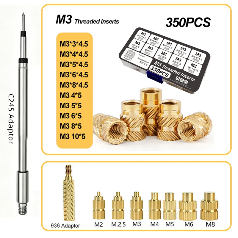 350PCS M3 Brass Heat Insert Nut Iron Tip for Soldering Iron C245/HS-02A/T80P/T90B 936Hot Melt Internal Thread Head