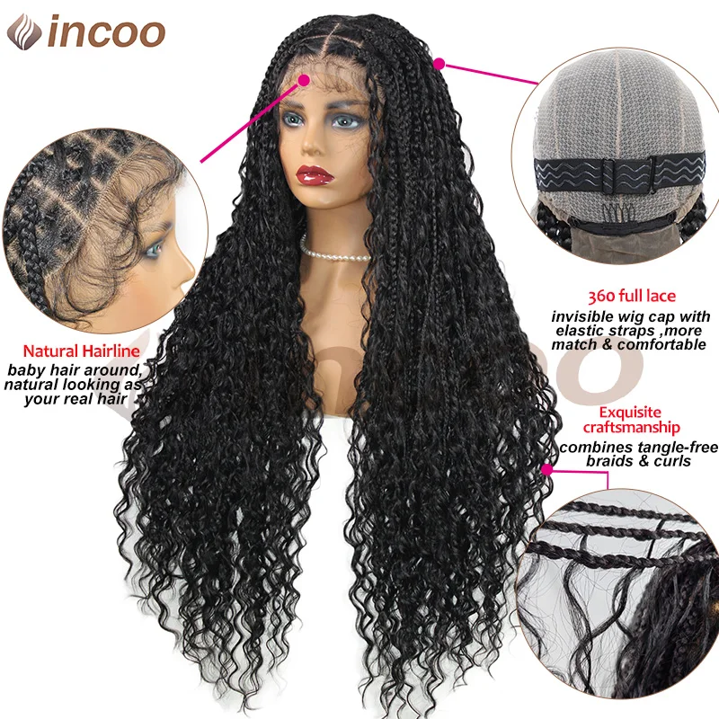 Peruca de tranças sintéticas Boho de renda completa para mulheres negras, peruca trançada de caixa sem nós, tranças cacheados boêmias longas, peruca trançada afro