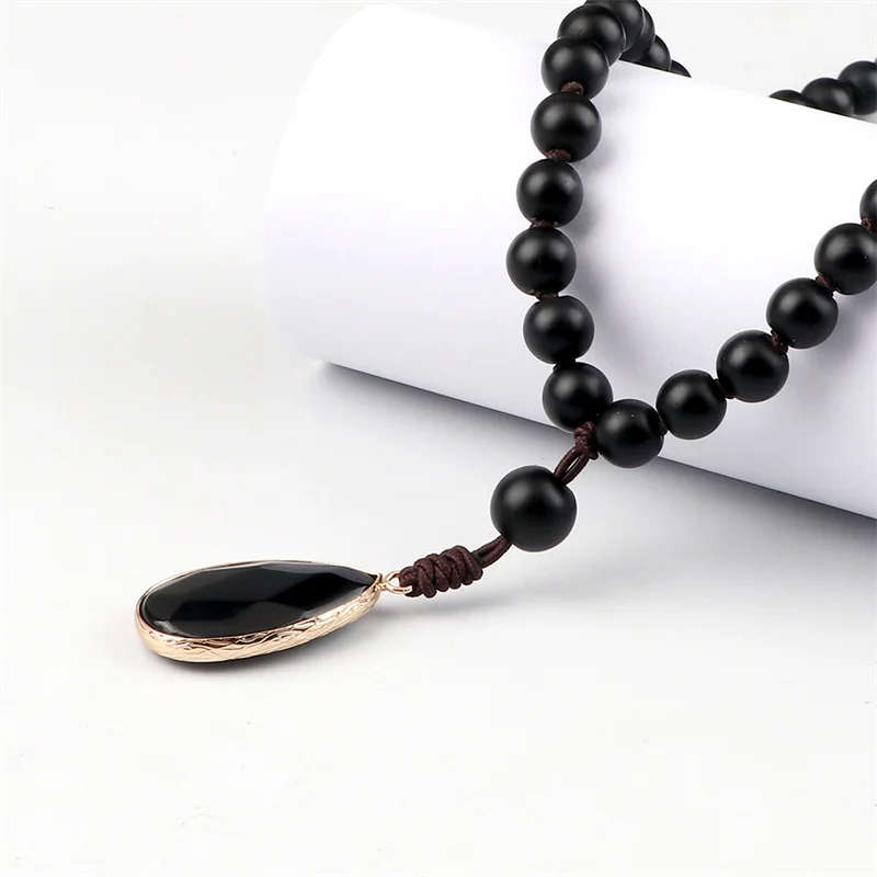 Natural Stone Pendant Necklace for Men 8mm Black Matte Beads Classic Mala Rosary Knotted Long Necklaces Charm Women Yoga Jewelry