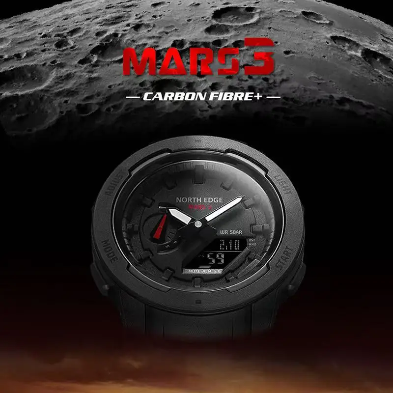 NORTH EDGE MARS 3 Analog Digital Watch 50M Waterproof Sports Watch Carbon Fiber Case TPU Strap Outdoor Electronic Wristwatch Men