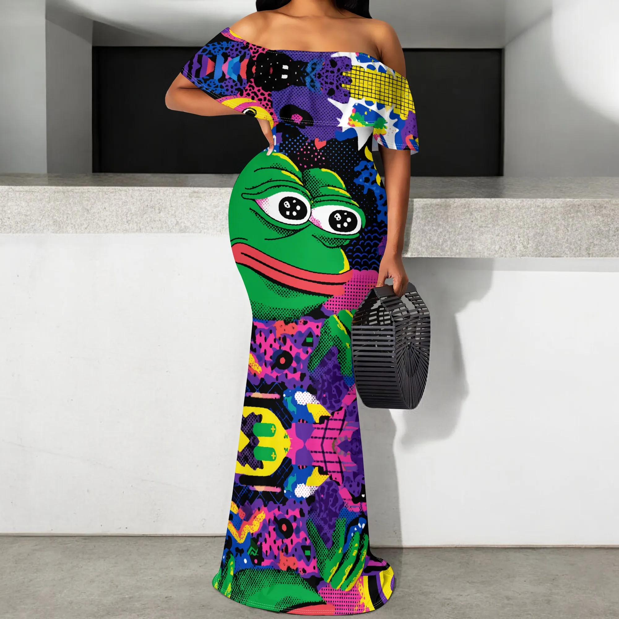 

New Arrival Women's Off-Shoulder Bodycon Dress Plus Size Pop Art Print Mermaid Ruffle Maxi Dress for Party S-3XL