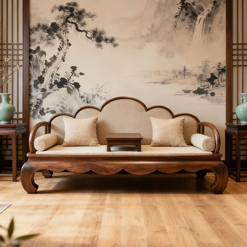 New Chinese-style North American black walnut Arhat bed Song-style aesthetic solid wood fabric bed living room