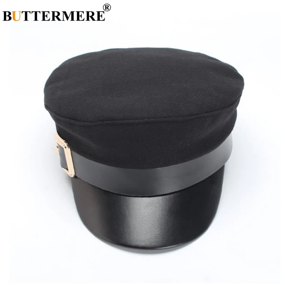 BUTTERMERE Military Hat Women Army Cap Woolen Patchwork Leather Black Baker Boy Hat Spring Autumn Brand Sailor Flat Top Hat