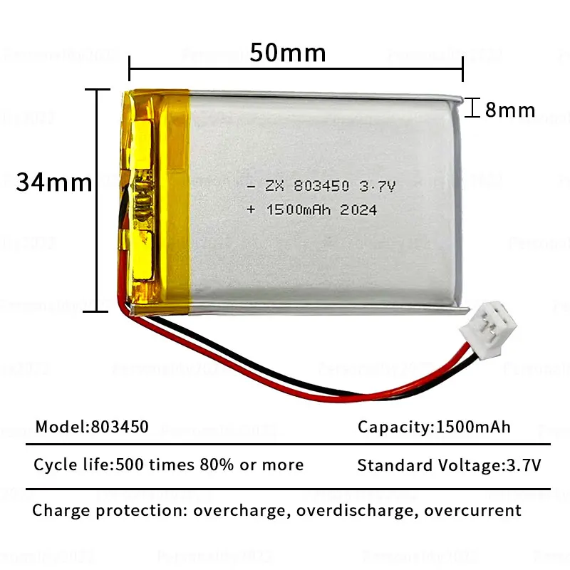 3.7V 1500mAh 803450 Bateria Lipo Baterie litowo-jonowe polimerowe PH2 P do nawigacji GPS Rejestrator samochodowy DVD Urządzenia audio Głośniki