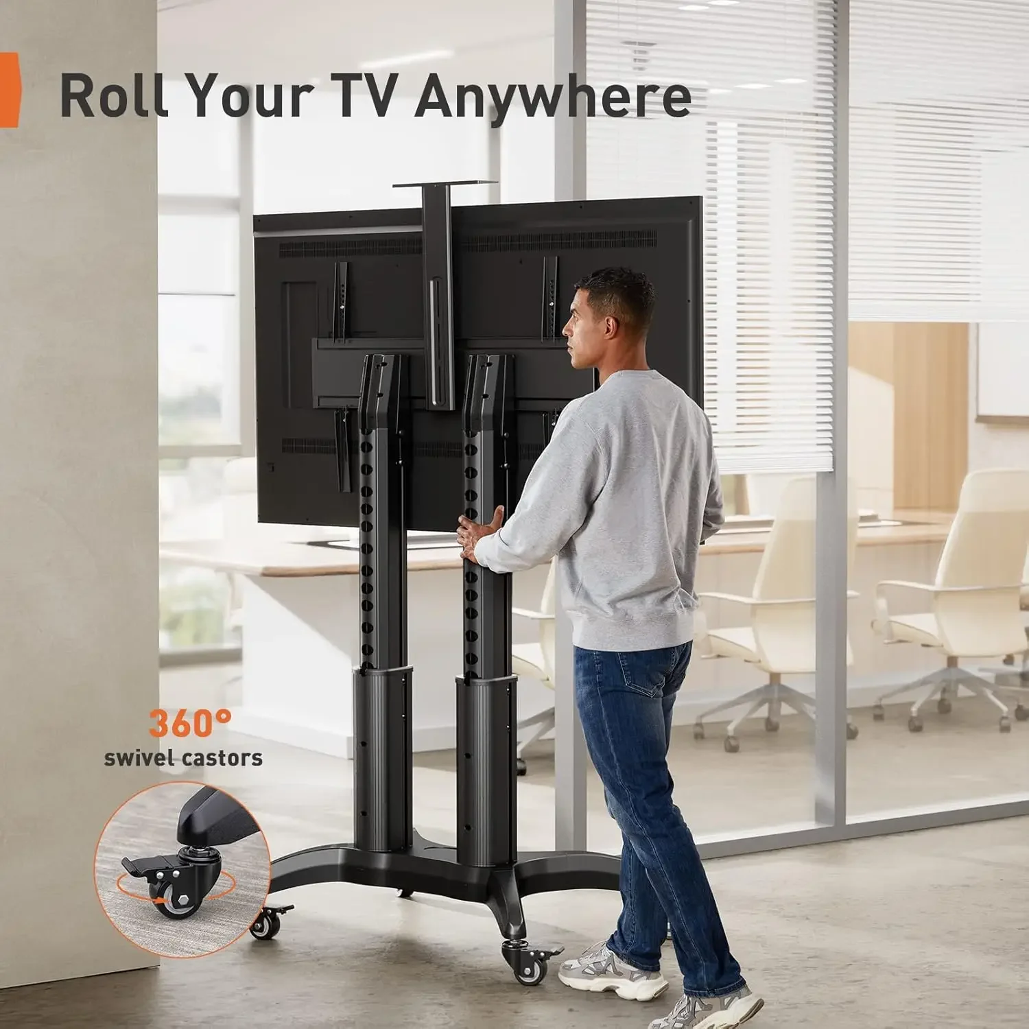 Mobiler TV-Ständer, rollender TV-Wagen für 55–90 Zoll flache oder gebogene Fernseher bis zu 125 Pfund, robuster Boden-TV-Ständer aus Aluminium, verstellbar