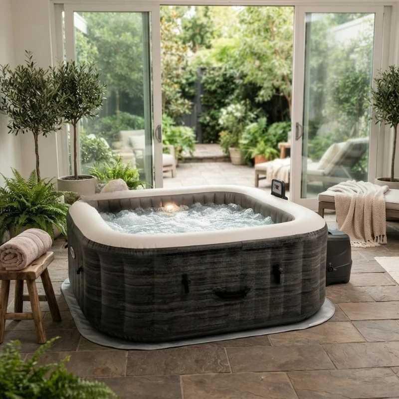PureSpa Greystone Deluxe 4 Person Square Inflatable Hot Tub, Bubble Massage Spa Set, (Cell Not Included), 69 in x 28 in