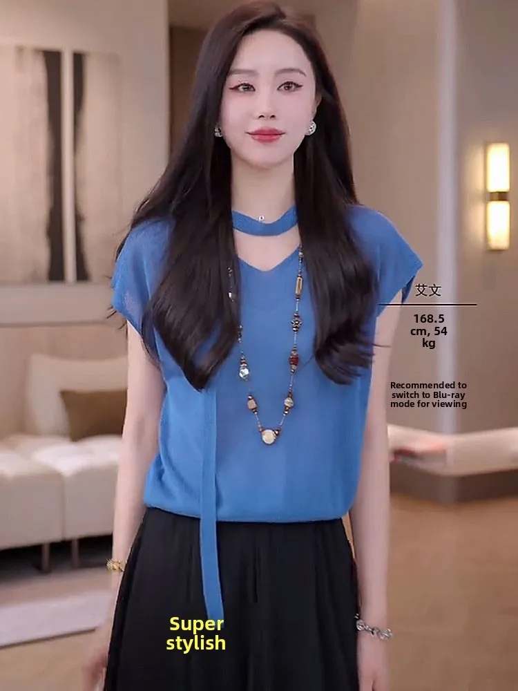 

Faionable V-Ne ort Sve Knitwear Women's Summer Top Versatile Age-Defng Korean Sle Straight Cut Silk Blend