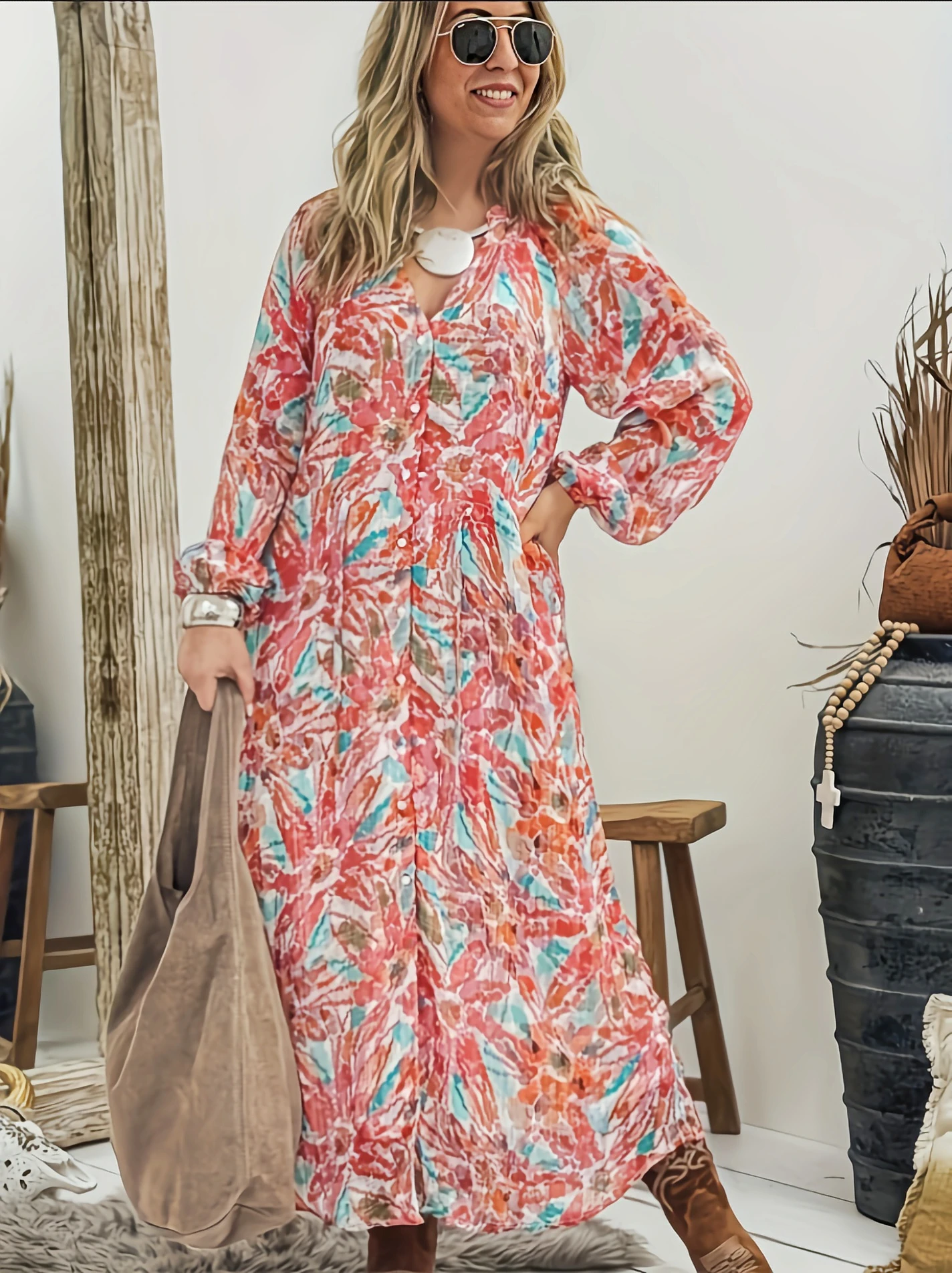 

2025 г., европейское и американское трансграничное женское платье в богемном стиле с расклешенными рукавами и цветочным принтом, с v-образным вырезом и высокой талией, курортное платье с цветочным принтом