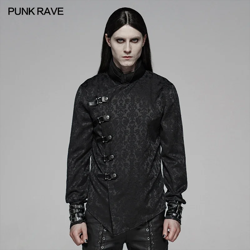 PUNK RAVE Men\'s Chinoiserie Steampunk Black Jacquard Bright Dragon Satin Shirts Gothic Party Club Long Sleeves Men Blouses Tops