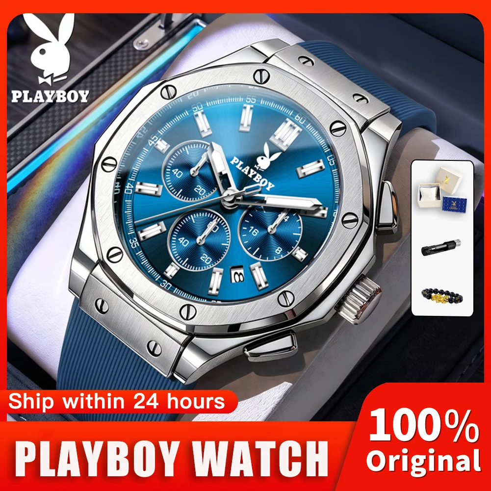 PLAYBOY 3145 Classic Sportsman Original Quartz Movement Watch Chronograph Dial Date Window 30m Waterproof Silicone Strap Watch