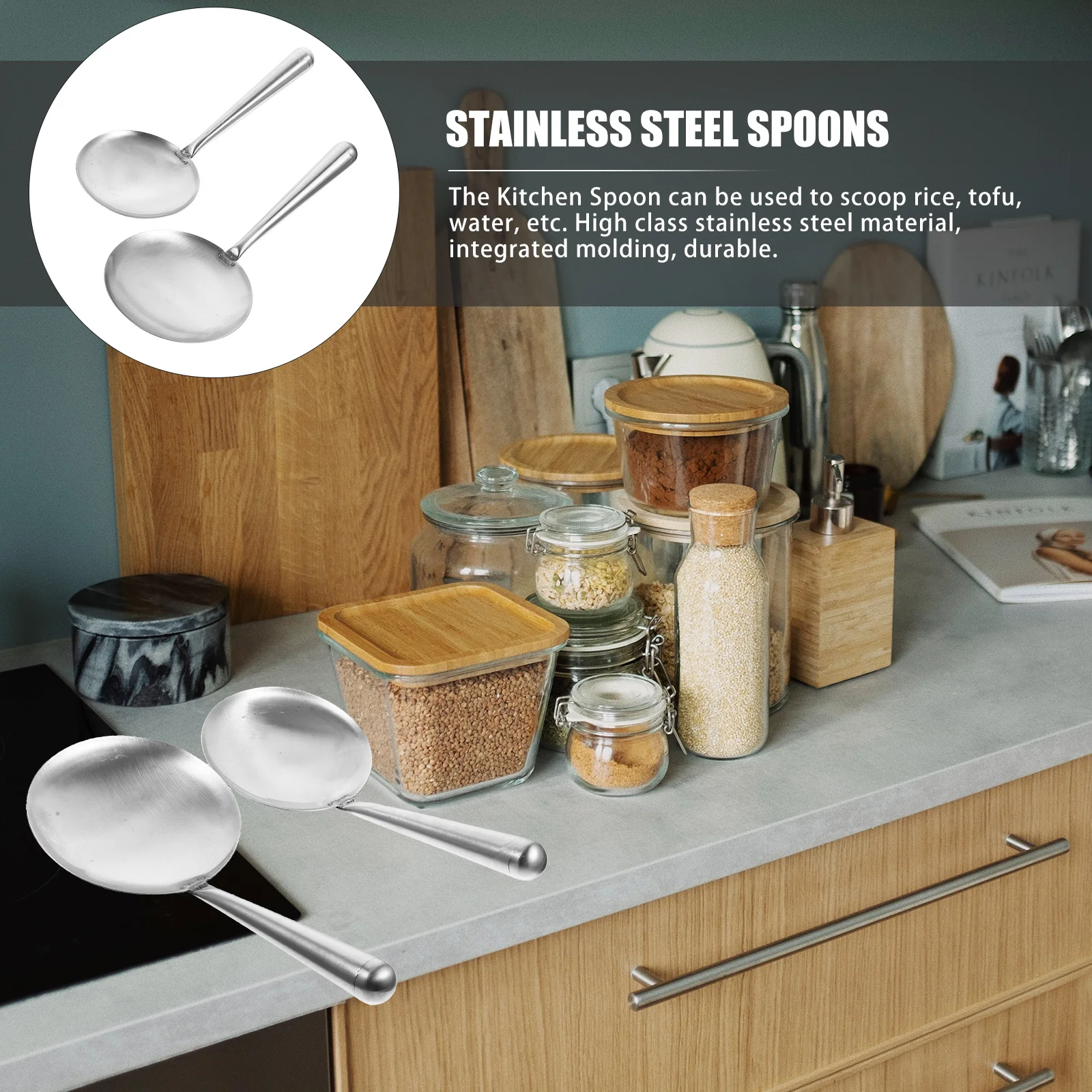 

2pcs Stainless Steel Tofu Serving Spoons One-Piece Molding Ergonomic Handle Kitchen Gadgets For Rice Soup Water Food