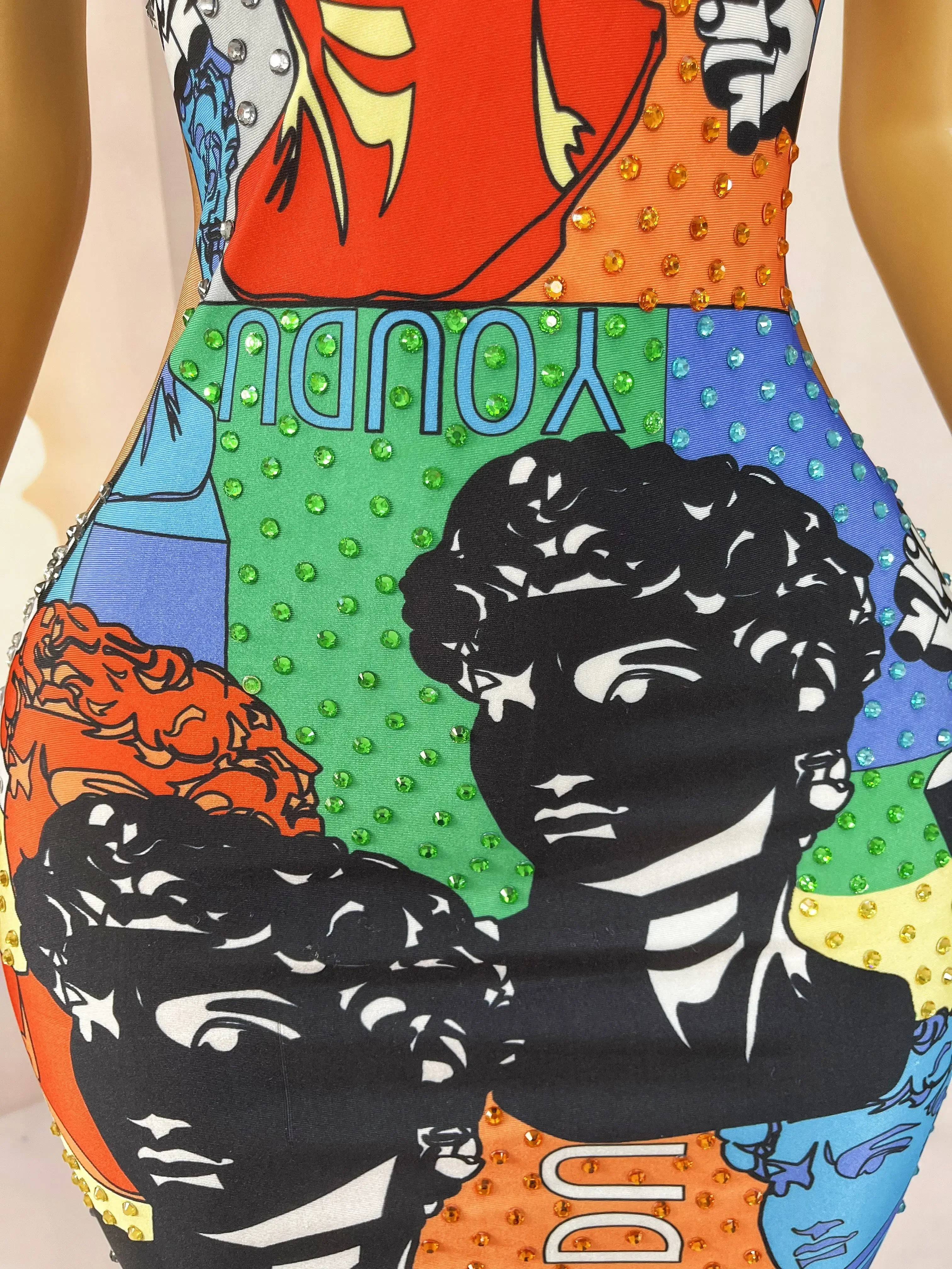 Cute Summer Colorful Rhinestones Spandex Stretch Celebrate Face Pattern Dress Outfit Party Singer Collection Birthday Costume PO