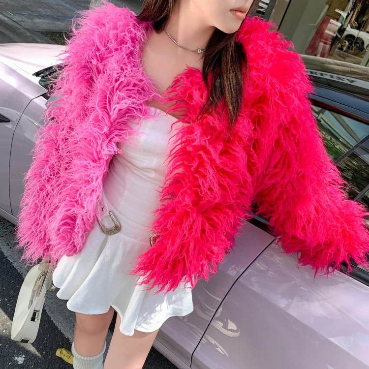 Autumn Winter New Rose Red Peach Pink Contrasting Color Splicing Wool Fur Jackets Women's Imitation Beach Sheep Furry Short Coat