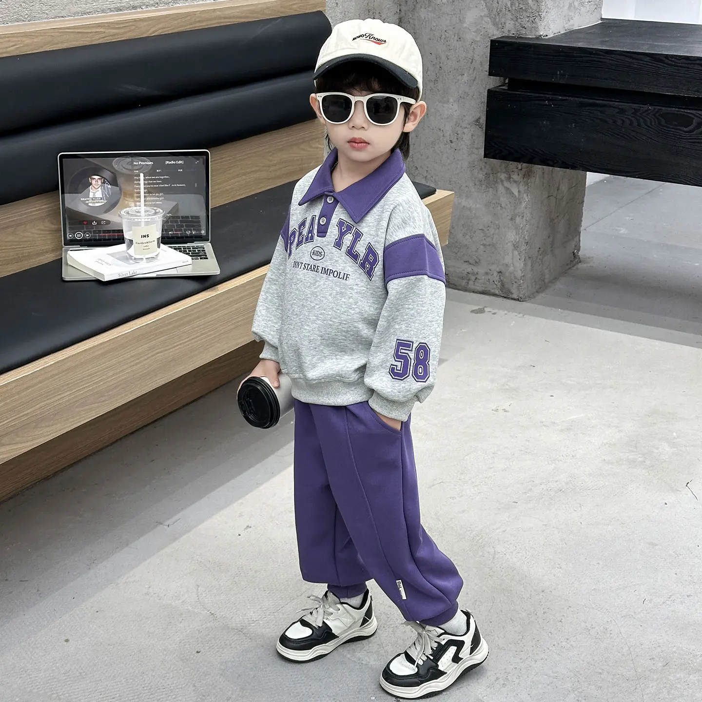 Sporty Style Boys Spring Suit 2026 New Fashionable Children's Baby Sweater Pants 2Pieces Autumn Patchwork Letter Sportswear Set